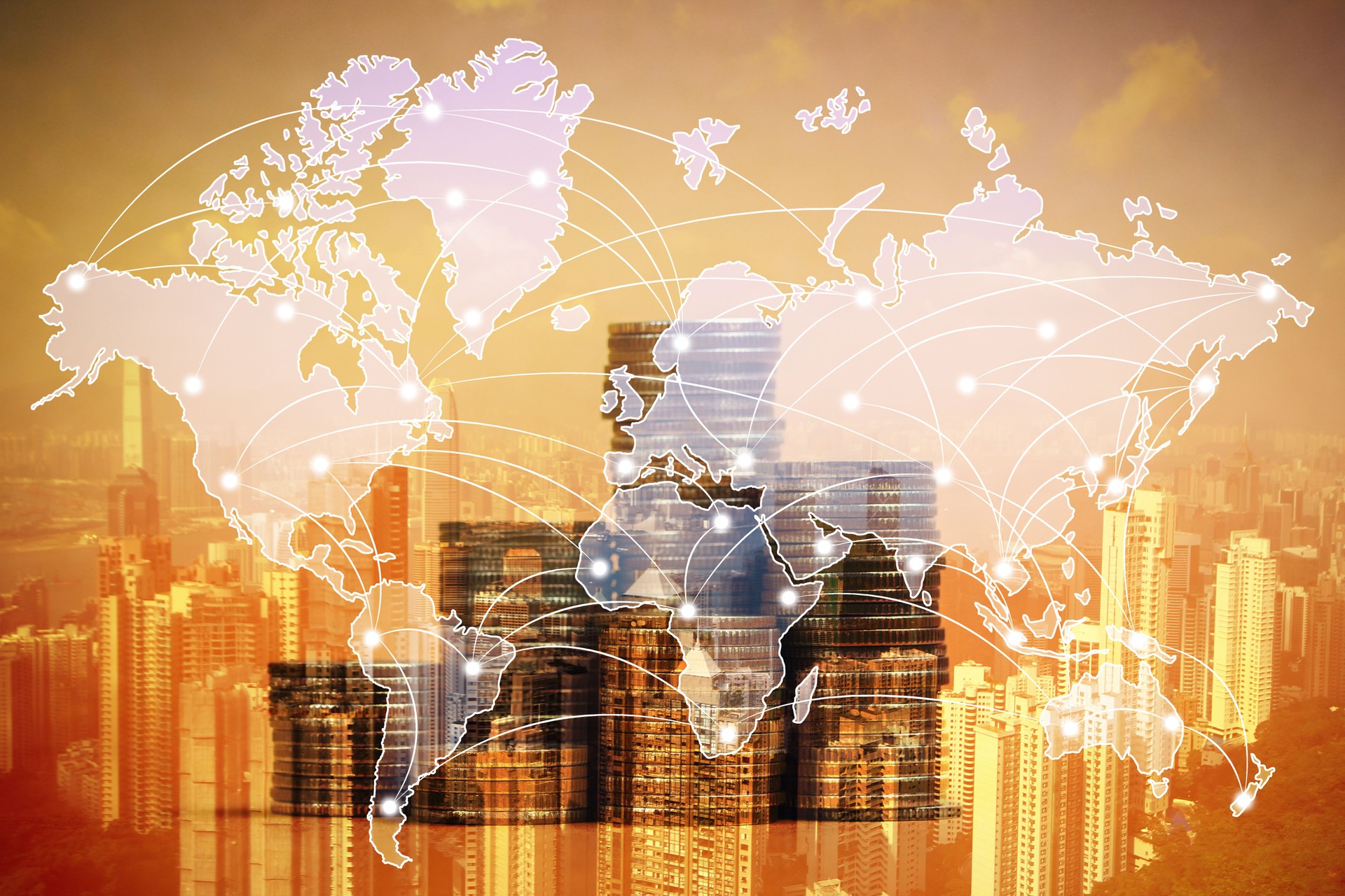 Double exposure of coin stack with city background and world map, financial graph, world map and global network business concept.